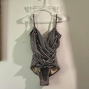 Black and white striped one piece bathing suit